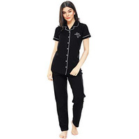 Zeyo Women's Cotton Solid Plain Black Night Suit Set Of Shirt & Pajama Set 5238