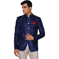 Wintage Men's Embroidered Velvet Party/Festive Indian Jodhpuri Grandad Bandhgala Blazer : Blue,Medium