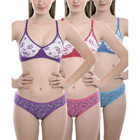 Fims - Fashion Is My Style Soft Cotton Blend Bra Panty Set For Women, Non-Padded, Non-Wired, Floral Print, Lingerie Set, Bluepinkpurple, Pack Of 3 Cup-B, Size- 38