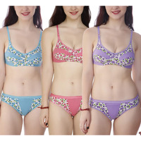 Fims - Fashion Is My Style Soft Cotton Blend Bra Panty Set For Women, Non-Padded, Non-Wired, Flower Print, Lingerie Set, Multicolor, Pack Of 3 Cup-B, Size- 34