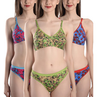 Fims - Fashion Is My Style Soft Cotton Blend Bra Panty Set For Women, Non-Padded, Non-Wired, Flower Print, Lingerie Set, Blueredgreen, Pack Of 3 Cup-B, Size- 36