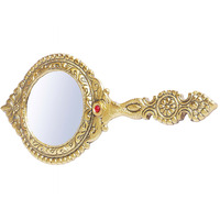 Kridaykraft Beautifully Carved Round Shape Framed Gold Plating Metal Hand Mirror For Makeup, Travelling, Salon Mirror & Decorative Mirror Antique Item For Wedding Gifts.