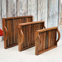 Naayaab Craft Wooden Serving Tray With Handle, Light & Sturdy Sheesham Wood Nesting Multipurpose Tray - Set Of 3(Small :-25*17.5 , Medium:- 31*21.2, Large :- 36*25.5Cm) Crafted By Saharanpur Artisans