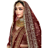 Kaevion Women Maroon Net 2.5 Meter Sada Saubhagyawati Bhav Wedding Dupatta With Kiran Lace | Embroidered Traditional Bridal Dupatta For Special Occasion | Dulhan Chunni | Designer Contrast Dupatta