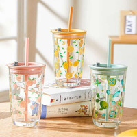 Kikiluxxa Coffee Can Glass Sipper Tumbler With Lid Straw - 400Ml-Pack Of 1- Green Tea Fruit Juice Milk Glass Cup Mug With Lid And Straw (Nerczx F 1)