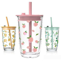 Kikiluxxa Coffee Can Glass Sipper Tumbler With Lid Straw - 400Ml-Pack Of 1- Green Tea Fruit Juice Milk Glass Cup Mug With Lid And Straw - Multiclour - Green/Yellow/Pink (Newlozx 1)