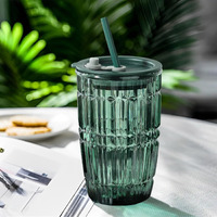 Kikiluxxa Coffee Can Glass Sipper Tumbler With Lid Straw - 400Ml-Pack Of 1- Green Tea Fruit Juice Milk Glass Cup Mug With Lid And Straw (Tropexz 1)