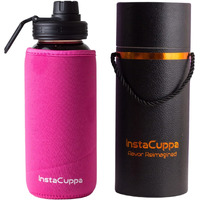 Instacuppa Borosilicate Glass Water Bottle 1000 Ml With Innovative Time Markings, Bpa Free, Wide Mouth Sports Sipper Lid With Carrying Loop, Removable Neoprene Silicone Sleeve, Pink