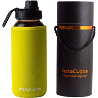 Instacuppa Borosilicate Glass Water Bottle 1000 Ml With Innovative Time Markings, Bpa Free, Wide Mouth Sports Sipper Lid With Carrying Loop, Removable Neoprene Silicone Sleeve,Yellow