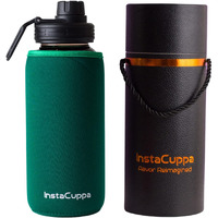 Instacuppa Borosilicate Glass Water Bottle 1000 Ml With Innovative Time Markings, Bpa Free, Wide Mouth Sports Sipper Lid With Carrying Loop, Removable Neoprene Silicone Sleeve,Green