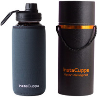 Instacuppa Borosilicate Glass Water Bottle 1000 Ml With Innovative Time Markings, Bpa Free, Wide Mouth Sports Sipper Lid With Carrying Loop, Removable Neoprene Silicone Sleeve,Grey