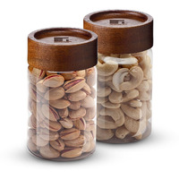 Bergner Acadia Borosilicate Glass Jars With Solid Wood Lid, Set Of 2 Jars, 260Ml Each, For Storing And Preserving Sugar, Flour, Tea, Coffee, Spices, Candy, Oats | Multipurpose Container For Kitchen