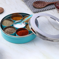 Dudki 7 In 1 Stainless Steel Spice Box For Kitchen Sturdy Masala Dabba Jar For Spices Minimal Design (Aqua), Blue