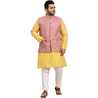 Men's Silk Blend Yellow Embroidered Kurta & Self Design Nehru Jacket With White Churidar Set::Size-7Xl