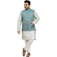 Sojanya Men's Silk Blend Light Grey Embroidered Kurta & Self Design Nehru Jacket With White Churidar Set::Size-3Xl