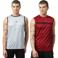 Aticx MenS Slim Fit Polyester Sleeveless T Shirt Combo - Sando Top Tank Muscle Tee For Sports, Gym, Running (Pack Of 2_Wine & Grey_L)