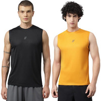 Aticx MenS Slim Fit Polyester Sleeveless T Shirt Combo - Sando Top Tank Muscle Tee For Sports, Gym, Running (Pack Of 2_Black & Yellow_L)