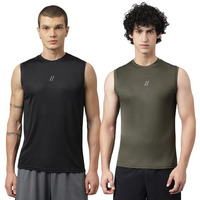 Aticx MenS Slim Fit Polyester Sleeveless T Shirt Combo - Sando Top Tank Muscle Tee For Sports, Gym, Running (Pack Of 2_Black & Olive_Xl)