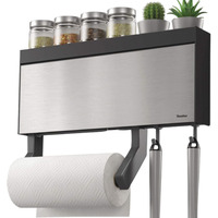 Primeway Stainless Steel 4 In 1 Tango Inox Wall-Mounted Kitchen Rolls Dispenser Holder For Film, Foil, Paper With Multi Utility Spices/Storage Rack & 6 Hooks, Grey