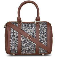 Zouk Navy Blue Graphic Printed Vegan Leather Handmade Women's Handbags With Double Handles And Detachable Sling Strap - Lattice Lace