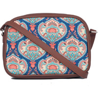Zouk Handmade Vegan Leather Kovil Blue Print Women's Sling Bags With Adjustable Shoulder Strap