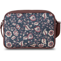 Zouk Handmade Vegan Leather Chittoor Blue Kalamkari Print Women's Sling Bags With Adjustable Shoulder Strap