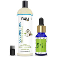 Rey Naturals Tea Tree Essential Oil & Virgin Cold Pressed Coconut Hair Oil | For Healthy Hair & Improved Scalp Condition | Dandruff, Acne, Mosquito Repellent, Aromatherapy, Stress Relief Oil -200+15Ml