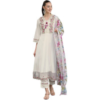 Indo Era Women's White Embroidered Silk Blend A-Line Kurta Trouser With Dupatta Set (Ieout7379_X-Large)