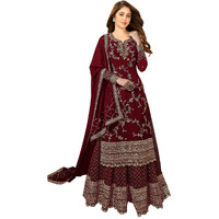 Miss Ethnik Women's Maroon Faux Georgette Semi Stitched Top With Stitched Bottom And Dupatta Embroidered Straight Kurta Dress Material (Kurta Palazzo Set) (Me-1033-M)