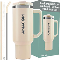 Amacom Insulated Stainless Steel Tumbler With Lid And Straw | 100% Leak Proof Water, Juice, Coffee Sipper With Lid For Office, Gym, Travel | 1.2 Litre Mug With Handle For Adults & Kids (Beige)