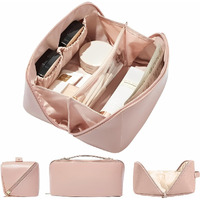 Jd Fresh Wide Opening Leather Makeup Organizer Bag/Large Capacity Cosmetic Pouch With Partition & Carry Strap/Portable Toiletry & Vanity Bag For Women/Travel Makeup Bag(Pink)