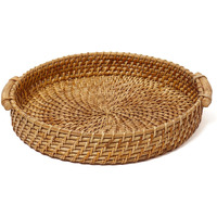 Habere India-All The Cultures Fabricating India Bamboo Serving Tray | Wooden Tray | Tray For Serving | Rattan Serving Tray | Tea Tray | Wooden Tray For Decoration - Round, Brown (Dia-31 X H8 Cm)