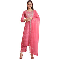 Vredevogel Women's Silk Blend Embroidered Kurta With Pant & Dupatta Set (Pink_Xx-Large)