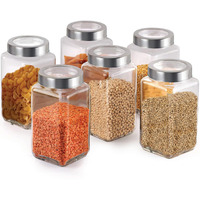 Feelopie Piramal Glass Square Clear Jars & Containers For Kitchen Pantry, Snacks, Masala, Honey, Pickles, Dry Fruits, Coffee Beans Storage With Stainless Steel Lid (Cube Jar) (1000Ml, Set Of 6)