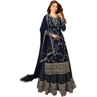 Miss Ethnik Black Faux Georgette Kurta Palazzo Set With Semi-Stitched Top, Stitched Bottom And Dupatta - Embroidered Straight Kurta Dress Material For Women's, Blue