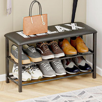 Lukzer Shoe Rack With Padded Cushion Seat | 2-Tier Metal Footwear Organizer | Relax Print Design | Space-Saving Storage For Entryway, Bedroom & Hallway (80X48X30Cm, Black)