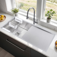 Ruhe Handmade Single Bowl 45X20X10 Inches Kitchen Sink With Drainboard | 304-Grade Stainless Steel Kitchen Sink With Matte Finish | Including Strainer-Basket/Sink Coupling & Waste Pipe