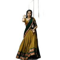 Renvaani Fashion Women's Indian Traditional Unstitched Kanjivaram Kanchipuram Silk Pure Zari Weaving Lehenga Choli Along With Dupatta With Unstitch Blouse, Half Saree (Ht_54) (Gold Bt)