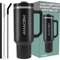 Amacom Insulated Stainless Steel Tumbler With Lid And Straw | 100% Leak Proof Water, Juice, Coffee Sipper With Lid For Office, Gym, Travel | 1.2 Litre Mug With Handle For Adults & Kids (Black)
