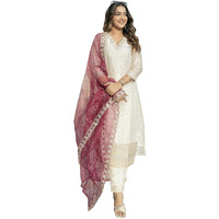 Vredevogel Women's Chanderi Silk Embroidered Kurta With Pant & Organza Dupatta Set | Casual Outfit Ethnic Kurta Set For Women | Modern & Traditional Blend Ethnic Wear (White_Large)