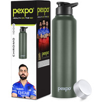 Pexpo Chromo Pro Stainless Steel Sports/Fridge Water Bottle With Sipper & Steel Cap, 1 Litre, Military Green | Bpa Free | Water Bottle For Office, Gym, School, Yoga | Rcb Edition