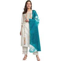 Vredevogel Women's Cotton Blend Embroidered Kurta Pant Set With Dupatta (White_Large)