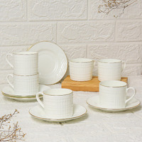 Femora Ceramic Gold Line Square Cut White Cup With Saucer Set Of 12 Pcs | Tea/Coffee Cups 200 Ml | Microwave & Dishwasher Safe | Bone-Ash Free | Crockery Set Ideal For Daily Use & Gifting, White