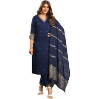 Siril Women's Cotton Silk Sequence Embroidered Straight Kurta Pant With Dupatta Set (195Kbd2075-S_Dark Blue)