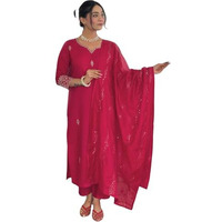 Naixa Women's Gajri Chanderi Silk Embroidered Straight Kurta With Chanderi Silk Pant And Chanderi Silk Laced Dupatta Sets (Nk-426-Gajri-M)