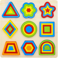 Wishkey Wooden Shapes Puzzle Learning Toy, Montessori Brain Teaser Puzzle Board With 9 Geometric Shapes, Interactive Game Educational Toys For Kids, Multicolour, 3+ Years (Pack Of 1)