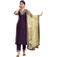 Siril Women's Silk Embroidered Straight Kurta Pant With Dupatta Set (104Kbd1133-L_Wine, Regular Fit)