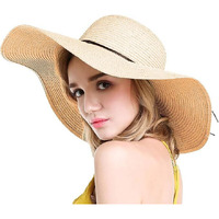 Clothera Summer Brim Floppy Straw Beach Hats For Women (Beige With Black Thread)