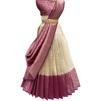Zerico Women's Indian Traditional Kanjivaram Kanchipuram Silk Pure Zari Weaving Lehenga Choli And Havay Zari Work Dupatta With Blouse (All Unstitched) (Half Saree) (White-Pink)