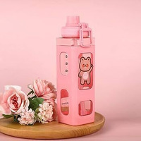 Pelton Kawaii Water Bottle With Straw And Sticker, Kawaii Bear Water Bottle, Large Sport Plastic Portable Square Drinking Bottle For Girl, Cute Juice Tea Water Cups (Pink) 700 Ml